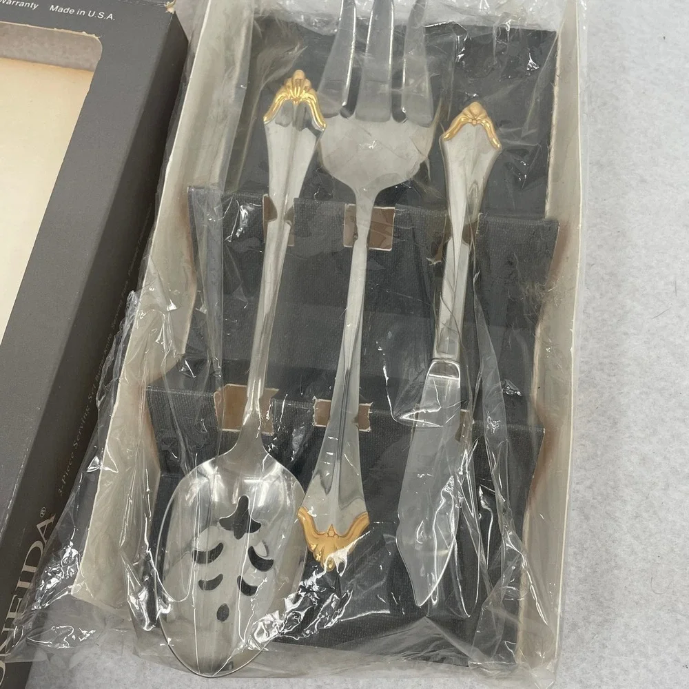 Oneida Golden Kenwood 3 Piece Serving Set Stainless Gold Accent Vintage 1987 USA